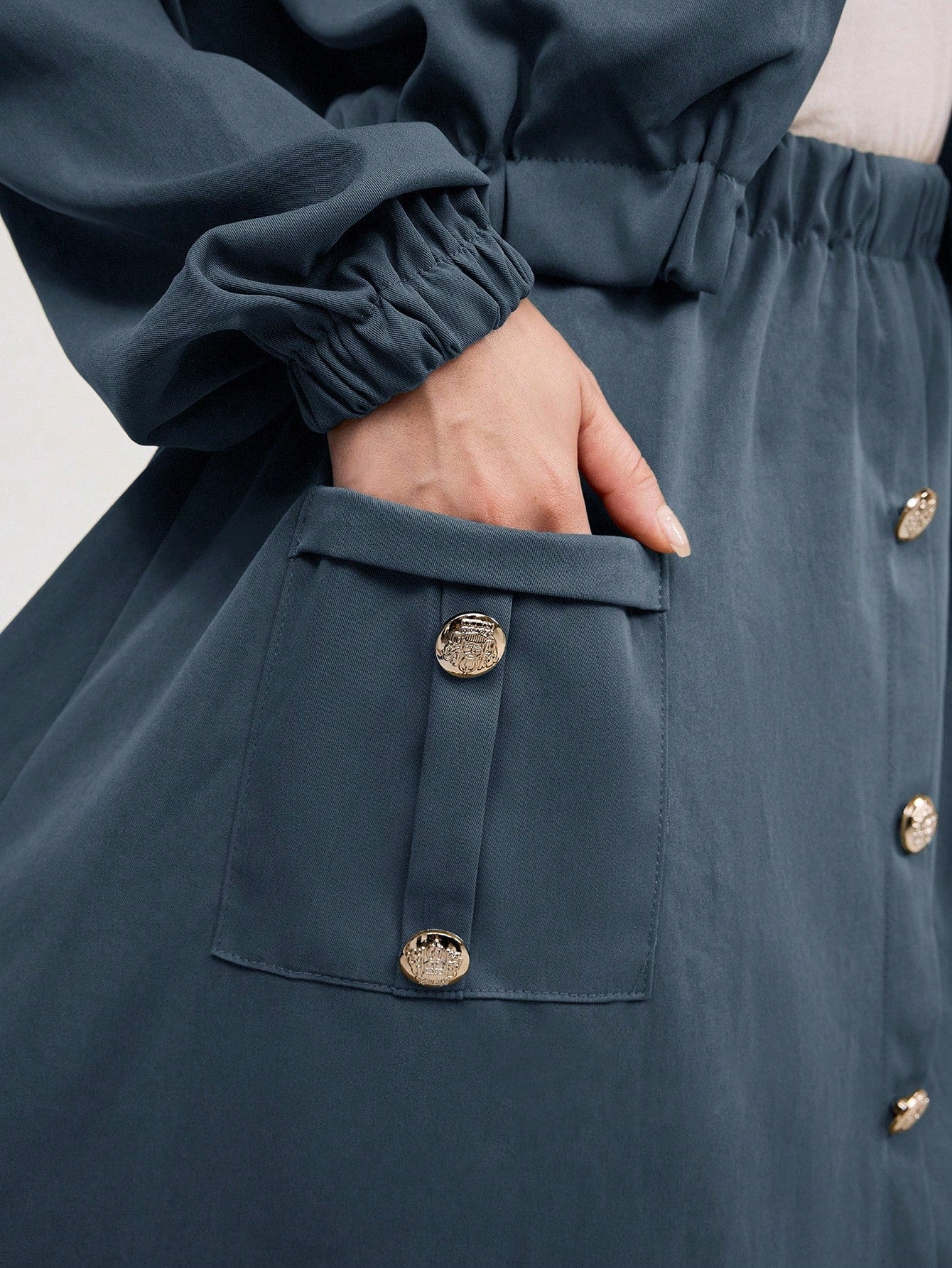 2pcs Set- Jacket With Stand Collar & Waist Gathering Skirt