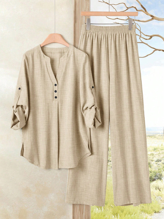 Roll-Up Sleeve Top And Elastic Waist Pants Set