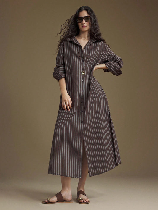 Brown & White Striped Maxi Dress