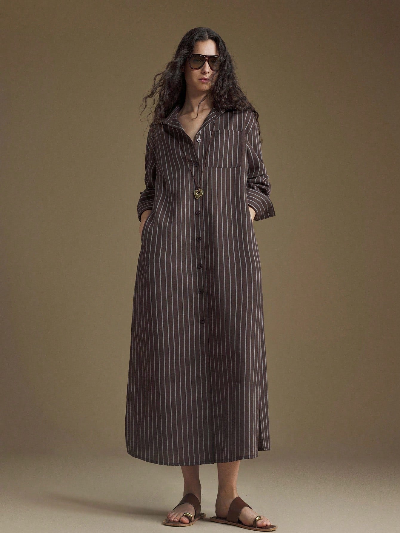 Brown & White Striped Maxi Dress