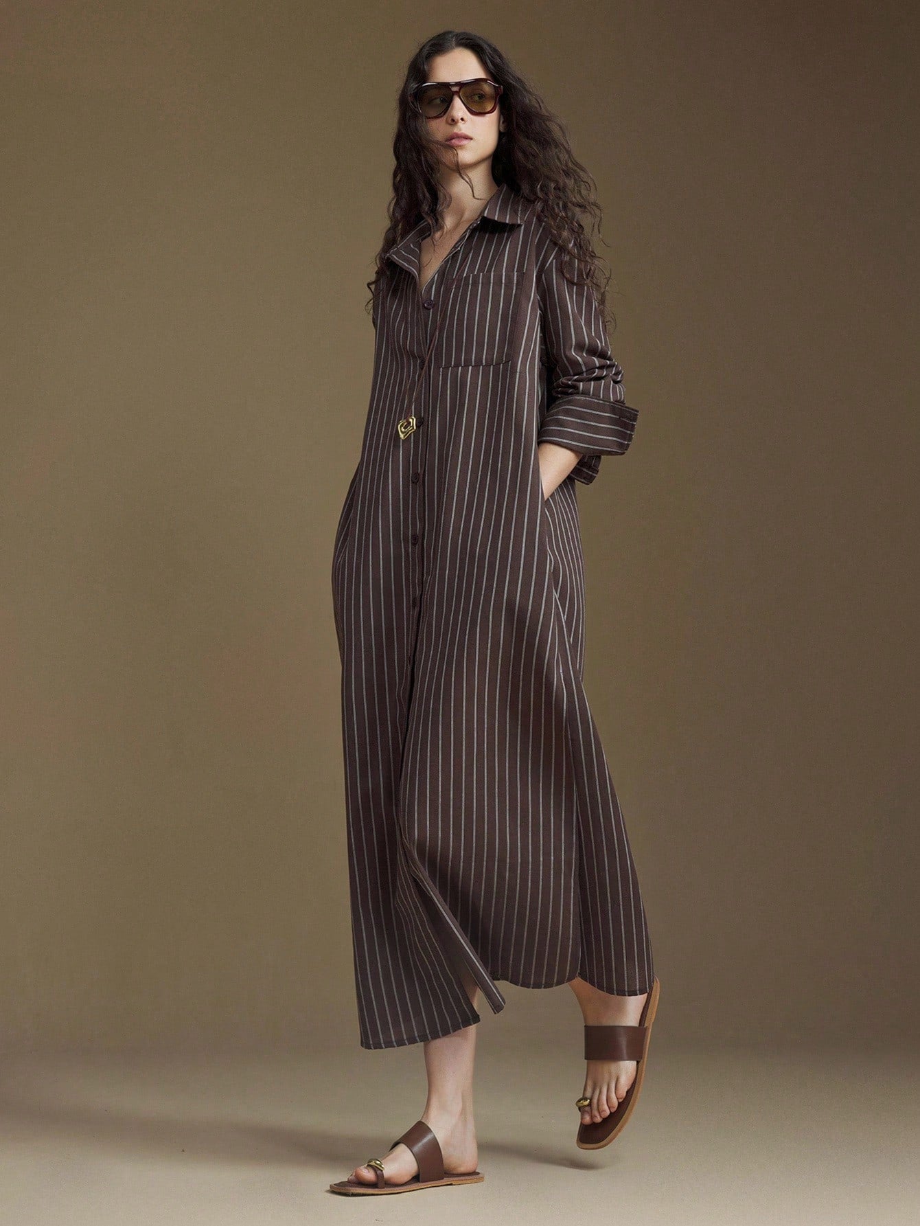 Brown & White Striped Maxi Dress