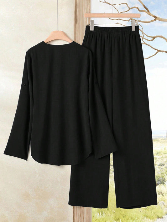 Roll-Up Sleeve Top And Elastic Waist Pants Set