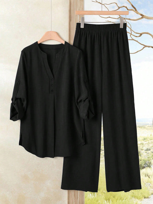 Roll-Up Sleeve Top And Elastic Waist Pants Set