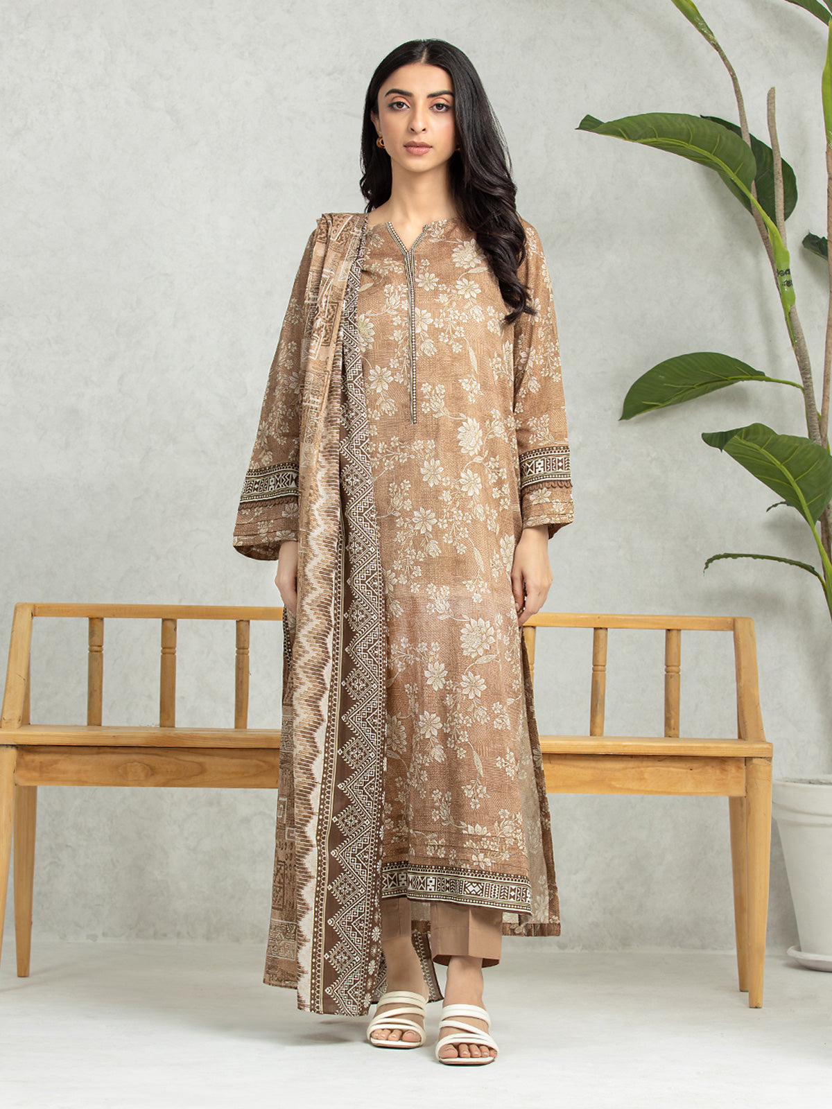 Brown Printed Lawn 3 Piece