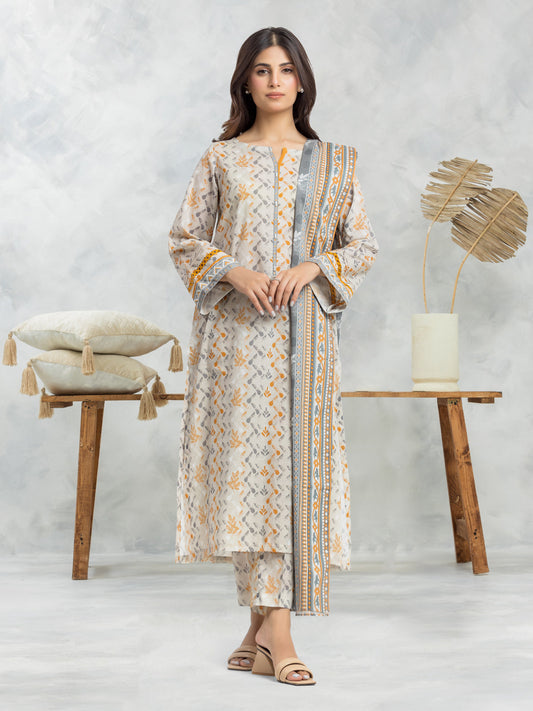 Light Beige Printed Lawn 3 Piece