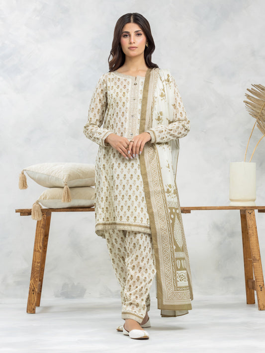 Beige & Brown Printed Lawn 3 Piece