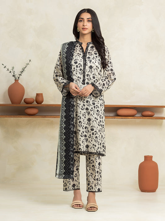 Beige & Black Printed Lawn 3 Piece