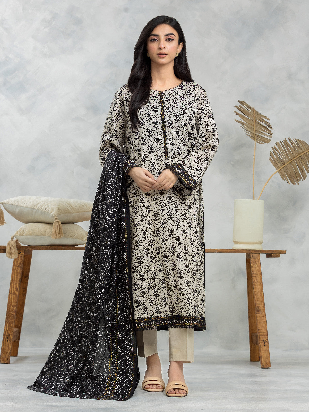 Light Beige Printed Lawn 3 Piece