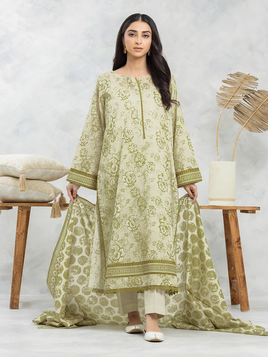 Light Olive Printed Lawn 3 Piece