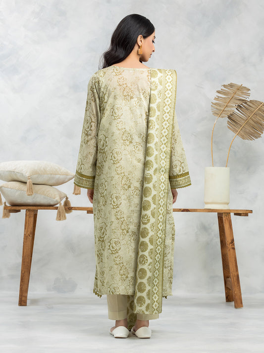 Light Olive Printed Lawn 3 Piece