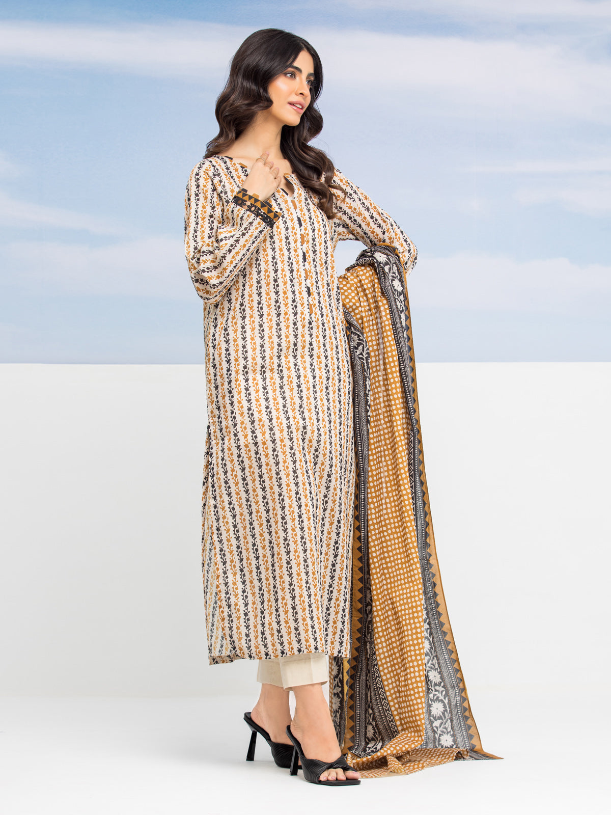 Dark Cream Printed Lawn 3 Piece