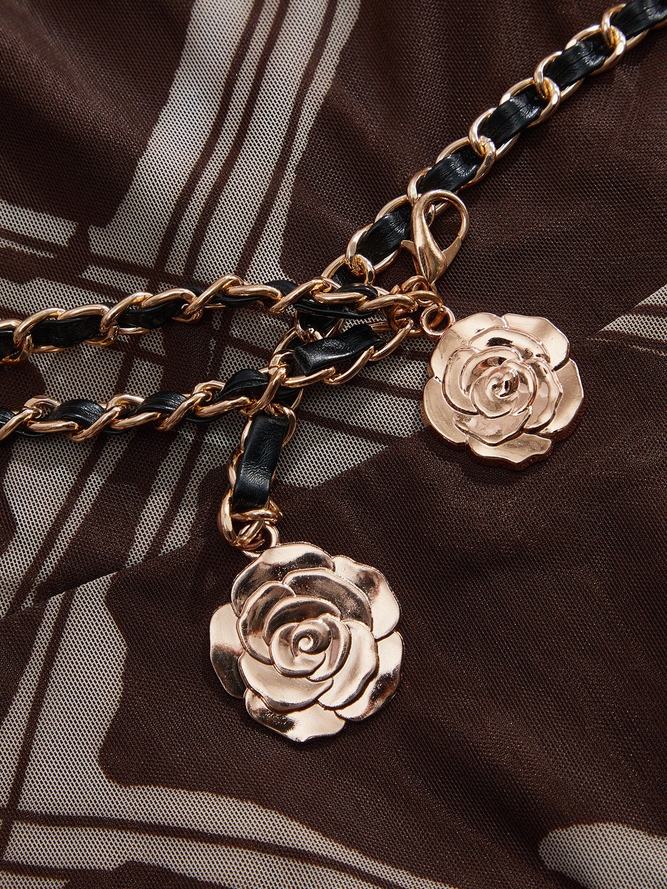 Brown Waist Cinched Graphic Print Flared Dress With Belt