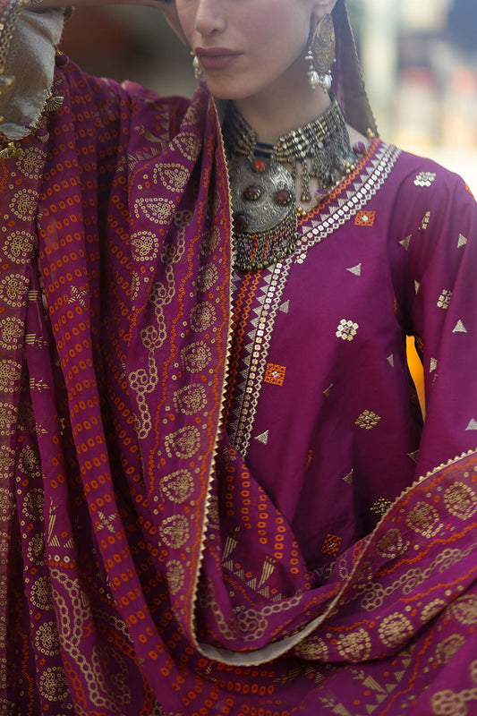 3 Piece Embroidered Lawn Suit with Gold and Lacquer Printed Chiffon Dupatta and Dyed Trouser BM-62027