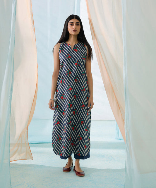 PRINTED LAWN SUIT - Navy Blue