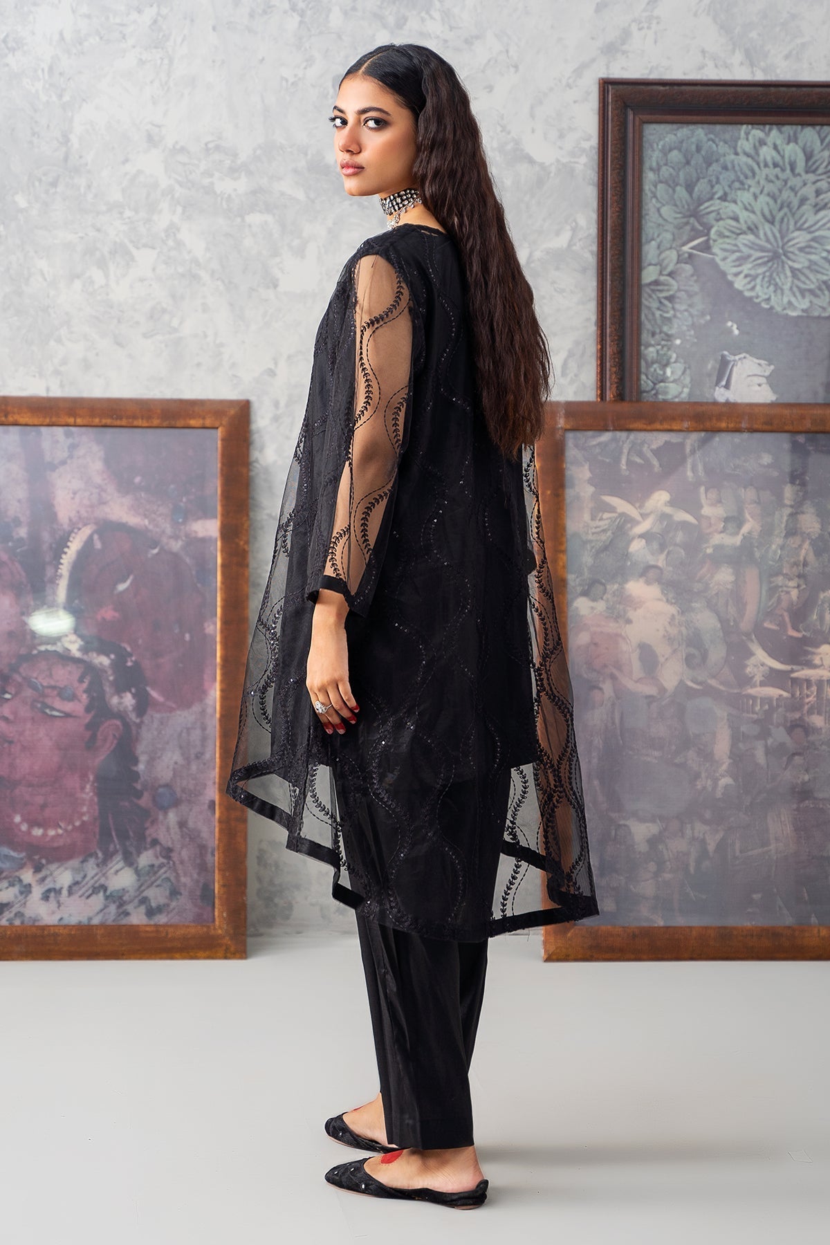 2-PC Embroidered Poly Organza Shirt with Trouser CMA-3-256 (BLACK)