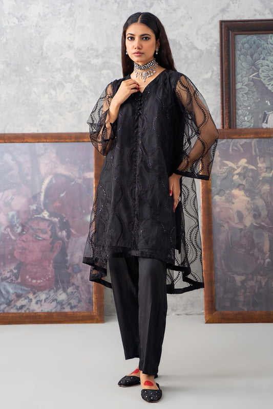 2-PC Embroidered Poly Organza Shirt with Trouser CMA-3-256 (BLACK)