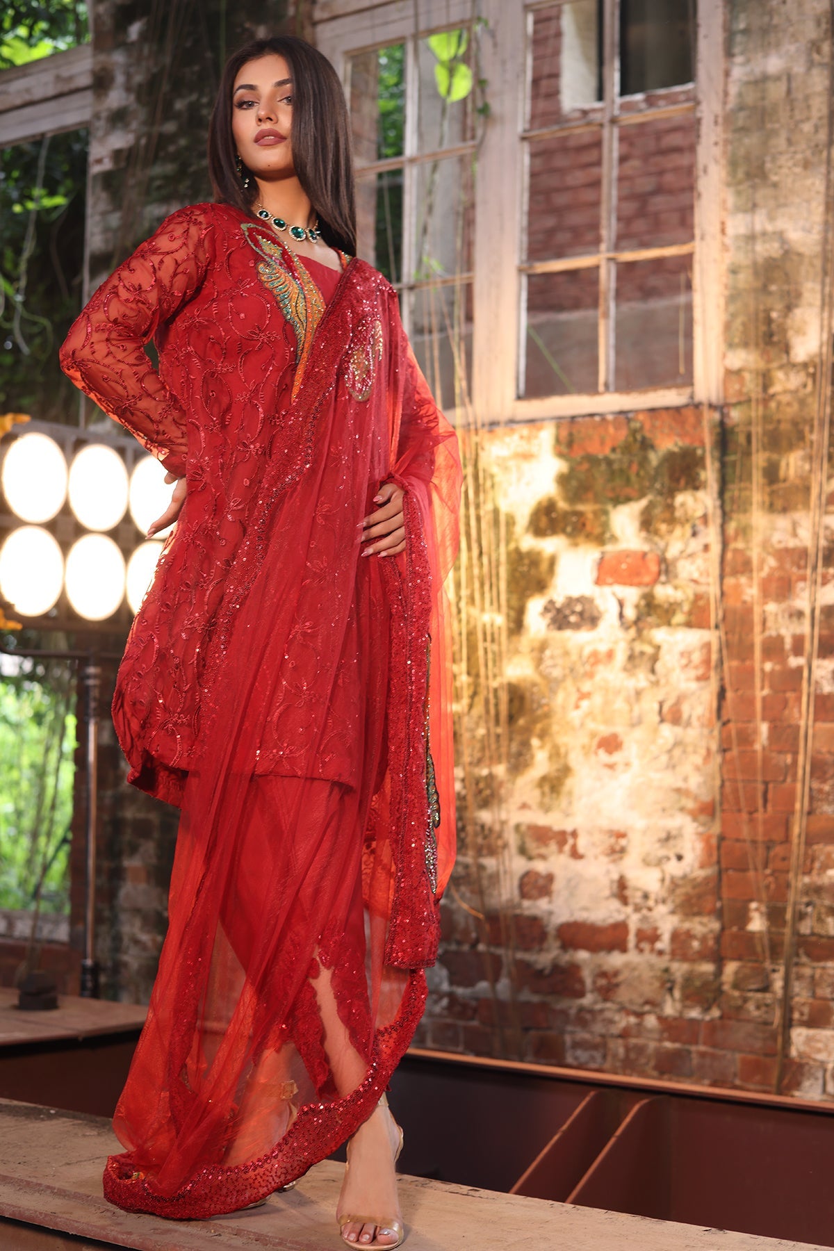 3-PC Embroidered Organza Shirt with Embroidered Net Dupatta and Trouser CMA-4-051 MEHROON