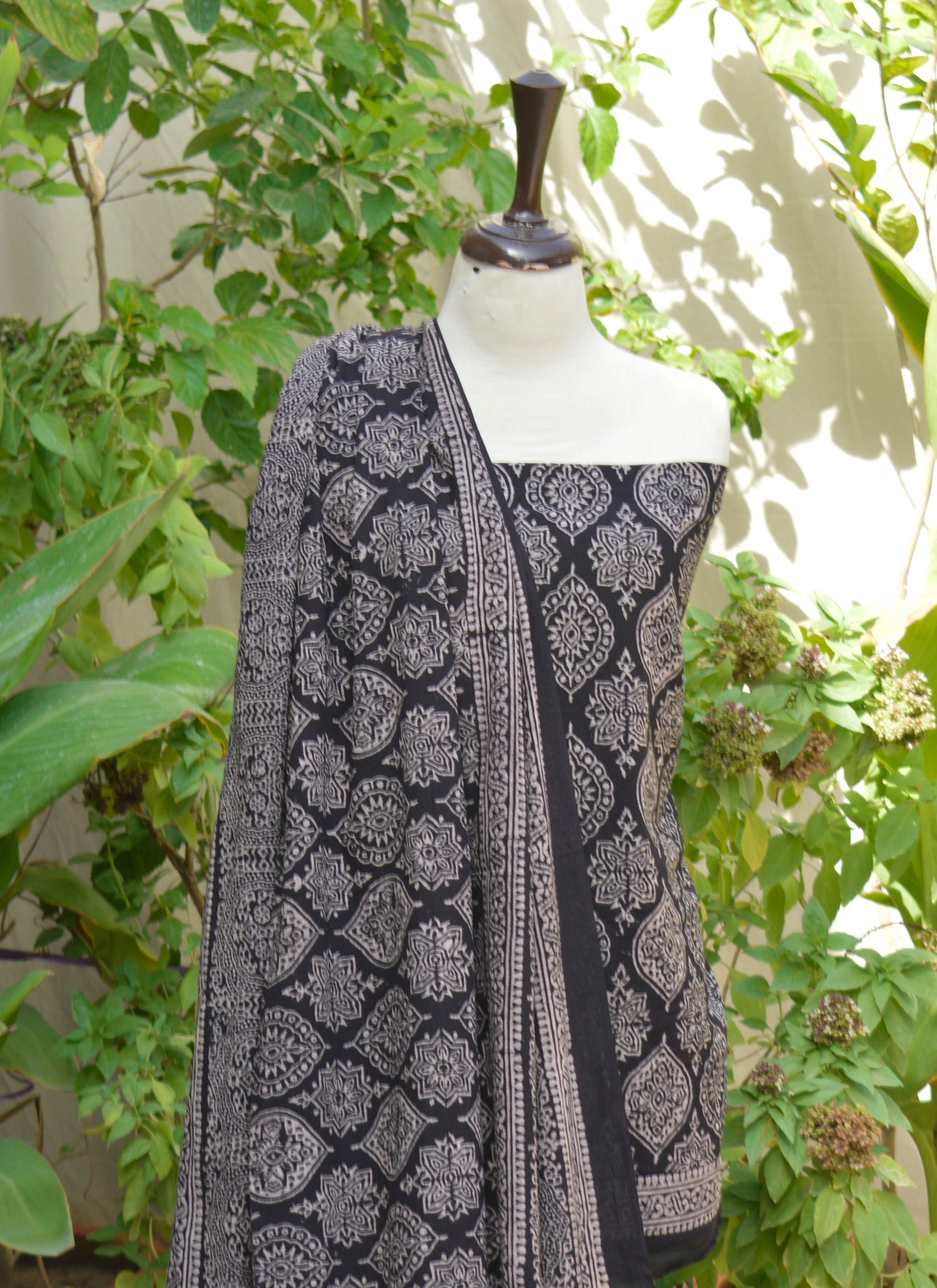 Organic Dye Hand Block Printed Ajrak Black Badam – Unstitched Lawn Two-Piece (Shirt & Dupatta)