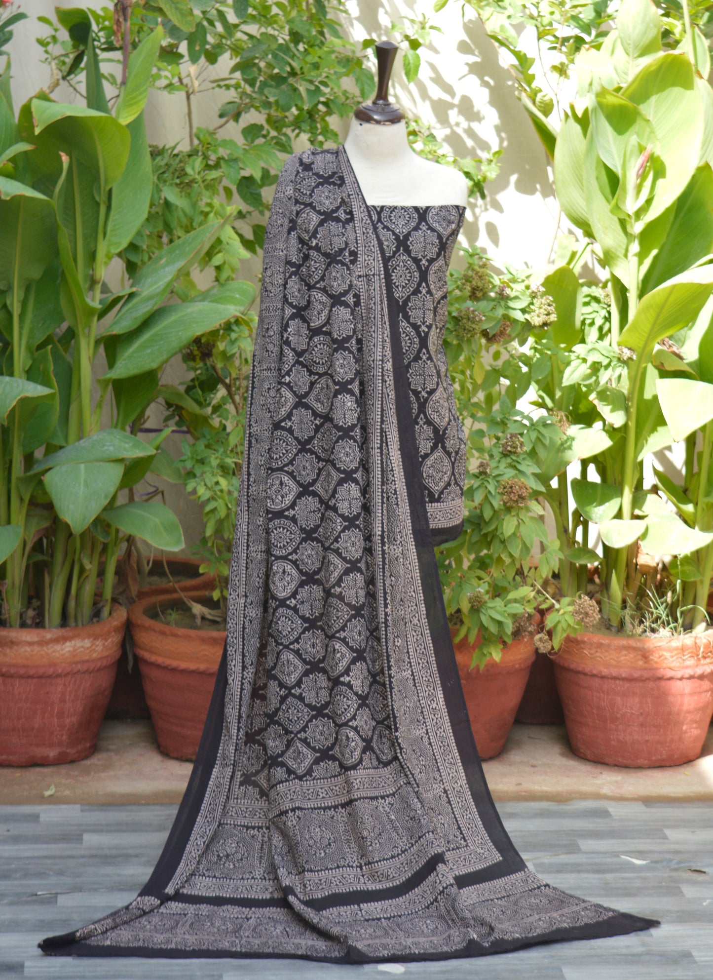 Organic Dye Hand Block Printed Ajrak Black Badam – Unstitched Lawn Two-Piece (Shirt & Dupatta)