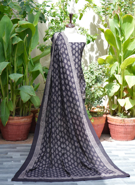 Ajrak Black Floral Butti – Organic Dye Hand Block Printed Lawn Two-Piece (Shirt & Dupatta) | Ajrak Design Dress