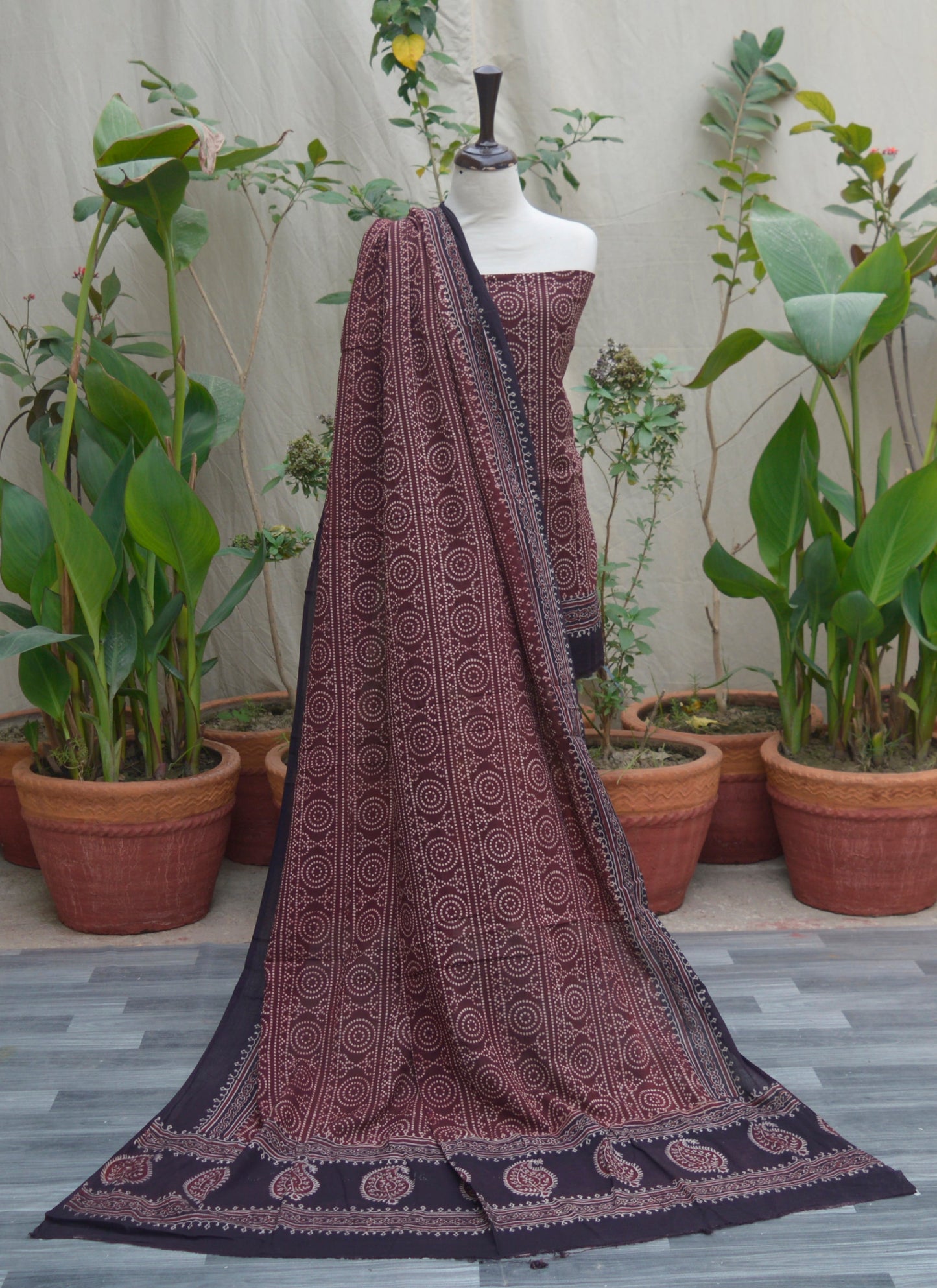 Organic Dye Hand Block Printed Ajrak Chunri Maroon Two‑Piece Lawn Set – Unstitched Shirt & Dupatta