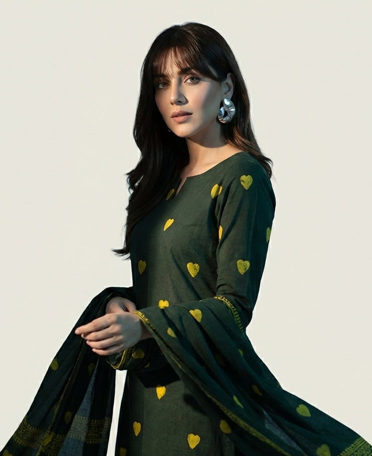 Ajrak Design Dress Anahata Green – Organic Dye Hand Block Printed Two-Piece (Lawn)