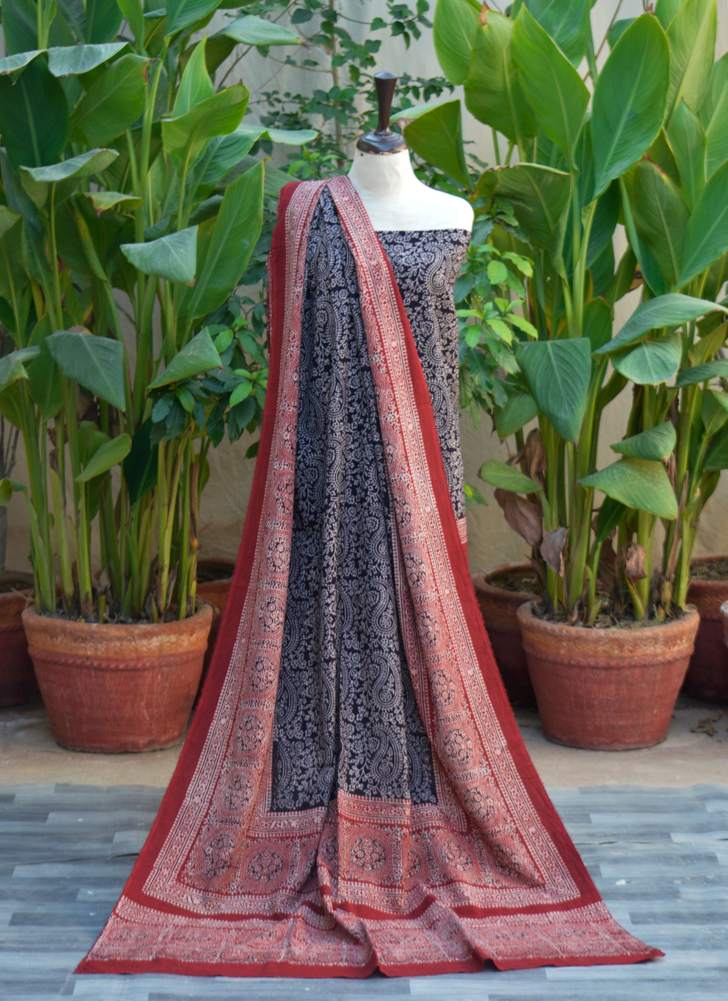 Ajrak Design Dress Anbi Contrast – Red & Black Unstitched Lawn Two-Piece (Shirt & Dupatta)
