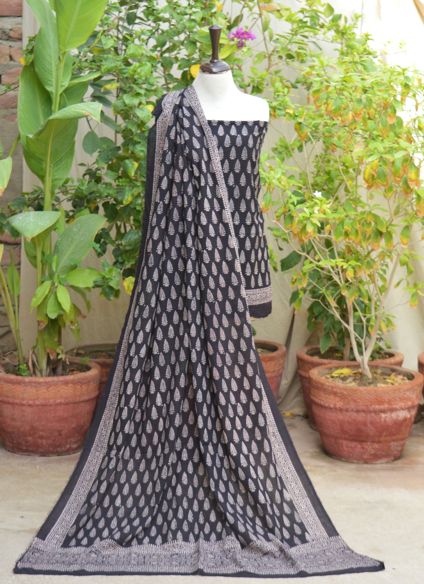 Organic Dye Hand Block Printed Ajrak Design Dress Black Mountain Butta – Unstitched Lawn Two-Piece (Shirt & Dupatta)