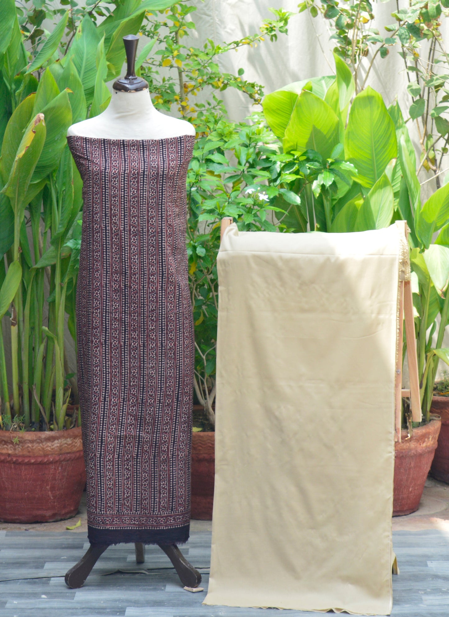 Ajrak Design Dress — Black Stripe Kurta with Calamansi Color Trouser | Hand Block Printed Unstitched Lawn Two-Piece