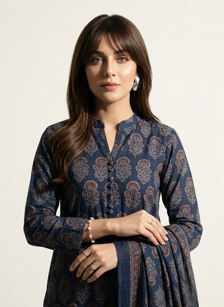 Organic Dye Hand Block Printed Ajrak Dark Blue Floral Butta with Maroon Filling – Unstitched Lawn Two-Piece (Shirt & Dupatta)