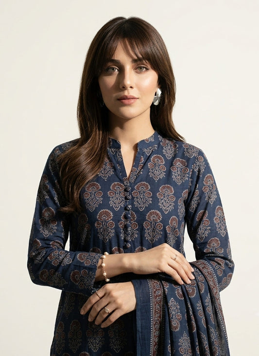 Organic Dye Hand Block Printed Ajrak Dark Blue Floral Butta with Maroon Filling – Unstitched Lawn Two-Piece (Shirt & Dupatta)