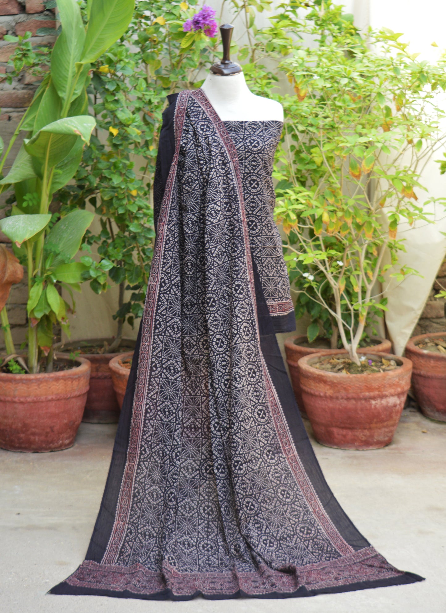 Organic Dye Hand Block Printed Ajrak Black Chunri Two-Piece – Unstitched Shirt & Dupatta