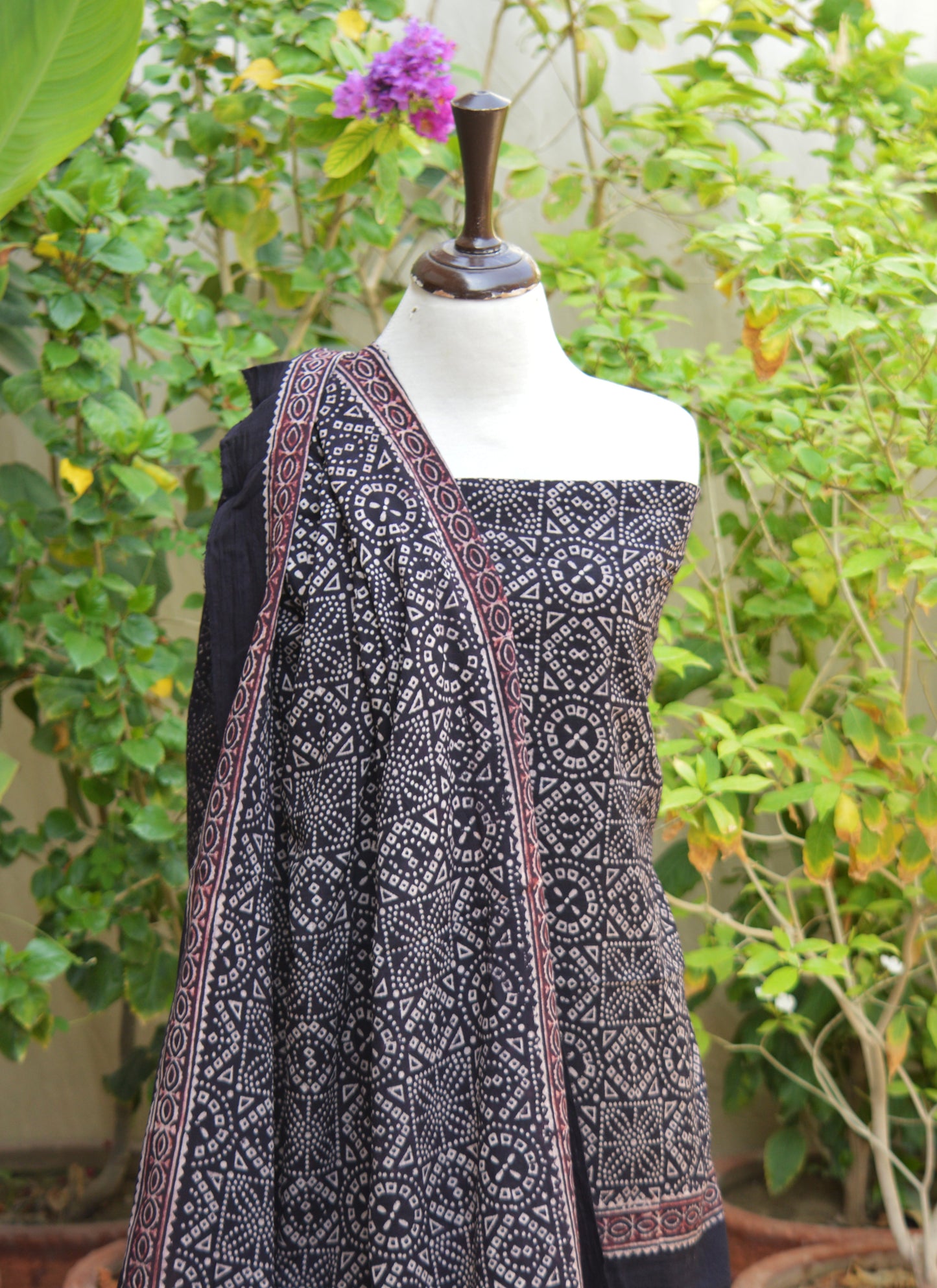 Organic Dye Hand Block Printed Ajrak Black Chunri Two-Piece – Unstitched Shirt & Dupatta