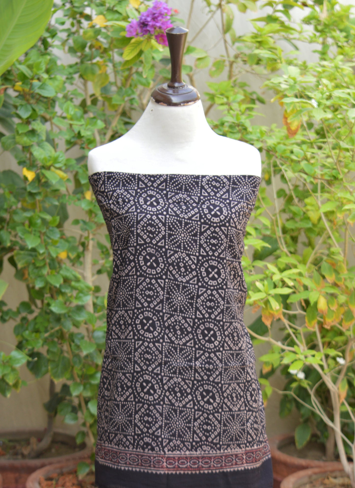 Organic Dye Hand Block Printed Ajrak Black Chunri Two-Piece – Unstitched Shirt & Dupatta