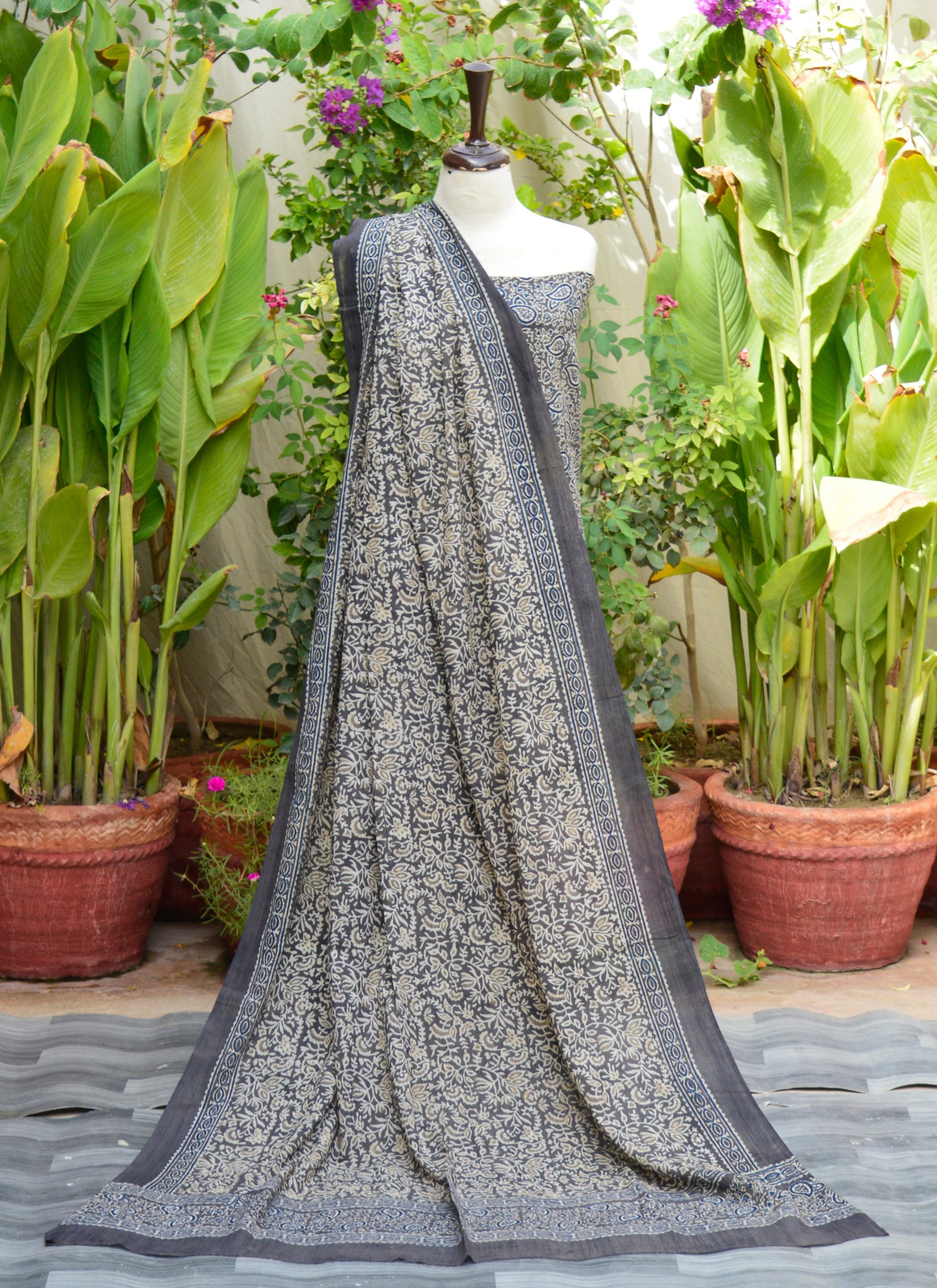 Organic Dye Ajrak Grey Floral Paisley Two-Piece – Hand Block Printed Unstitched Lawn Set | Ajrak Design Dress