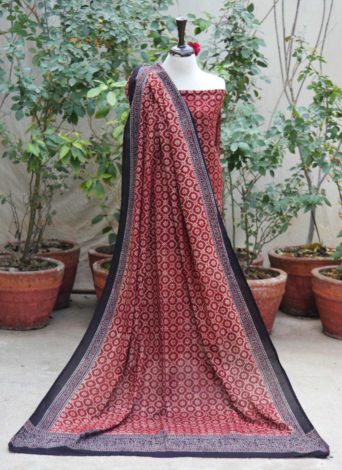 Ajrak Floral Jaal Organic Dye Unstitched Two-Piece Set – Hand Block Printed Shirt & Dupatta