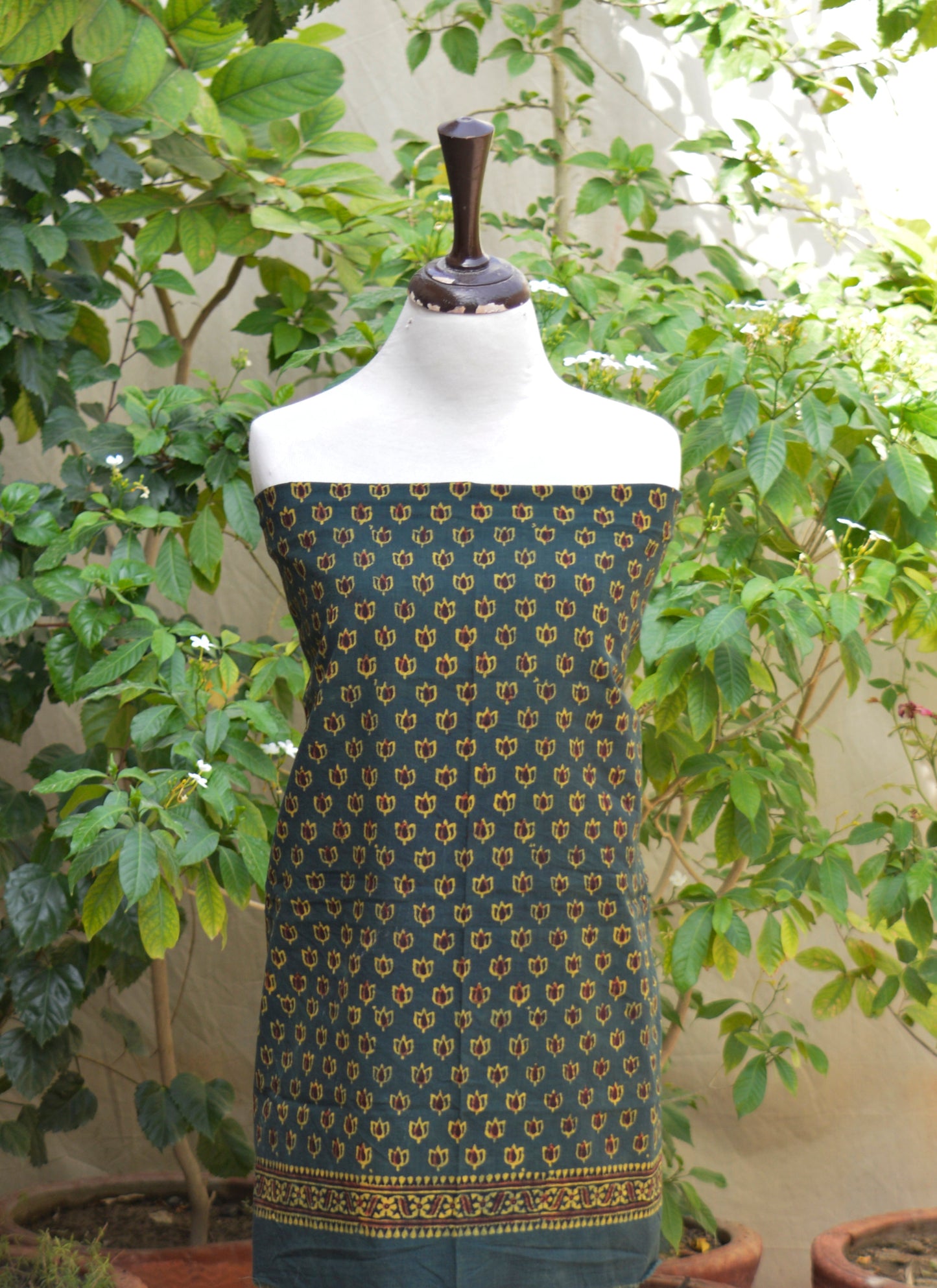 Ajrak Design Dress – Organic Dyed Hand Block Printed Green with Maroon Filling Tiny Lotus Flowers Unstitched Lawn Two-Piece
