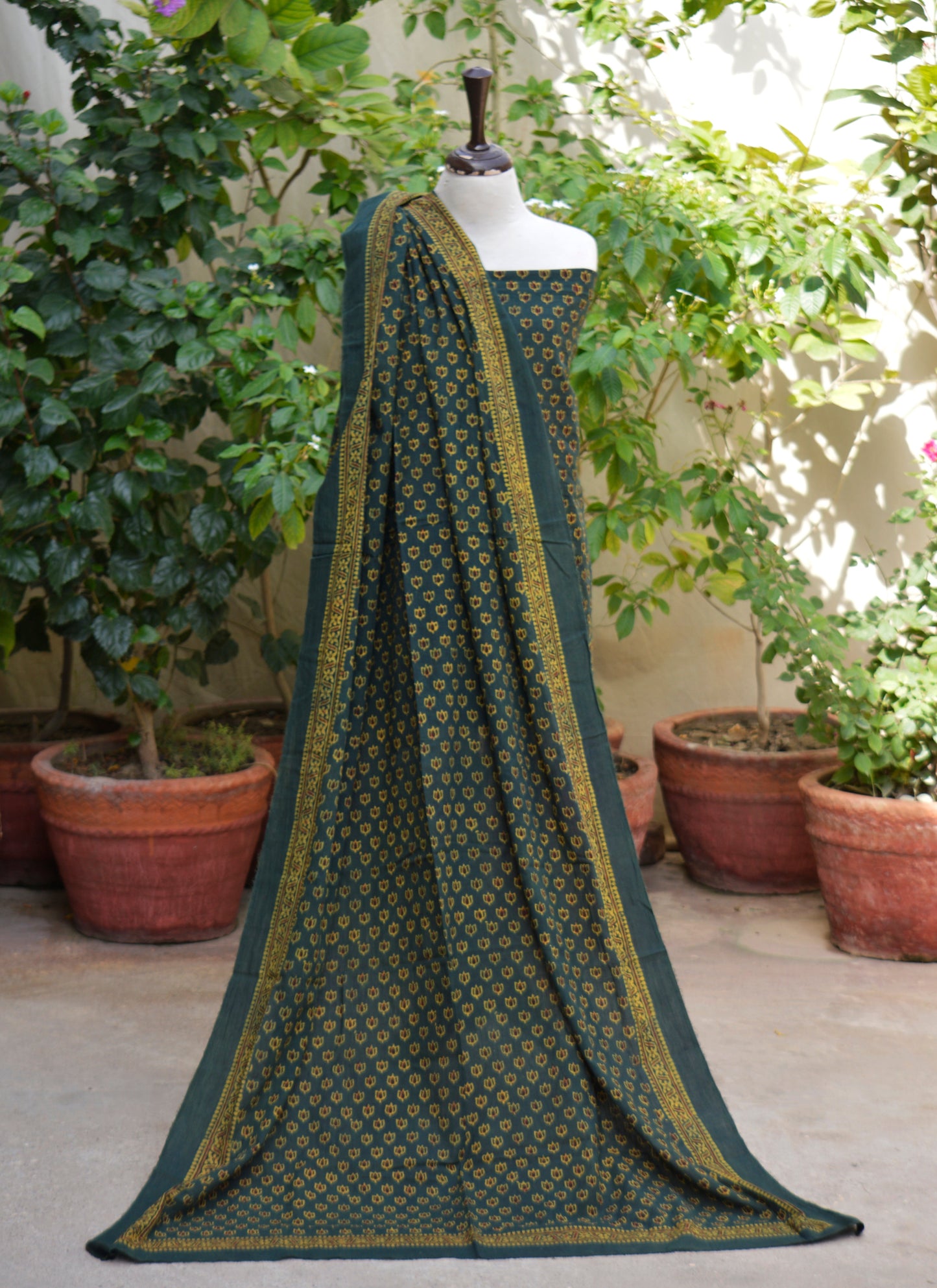 Ajrak Design Dress – Organic Dyed Hand Block Printed Green with Maroon Filling Tiny Lotus Flowers Unstitched Lawn Two-Piece