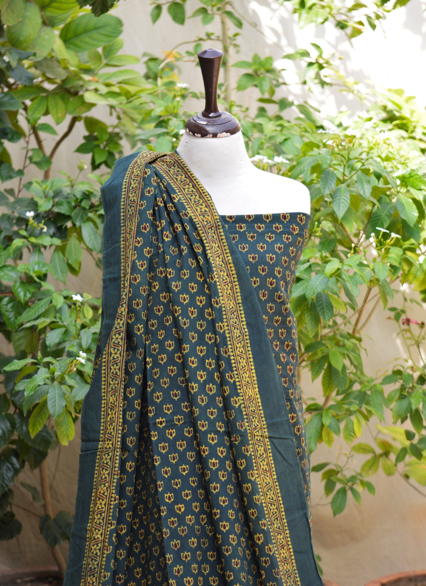 Ajrak Design Dress – Organic Dyed Hand Block Printed Green with Maroon Filling Tiny Lotus Flowers Unstitched Lawn Two-Piece