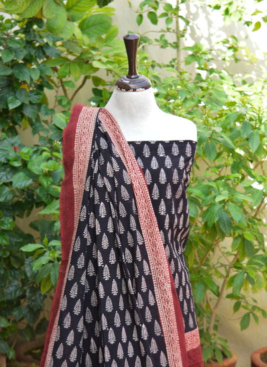 Ajrak Design Dress Mountain Butta Black Contrast Lawn – Hand Block Printed Unstitched Two-Piece (Shirt & Dupatta)