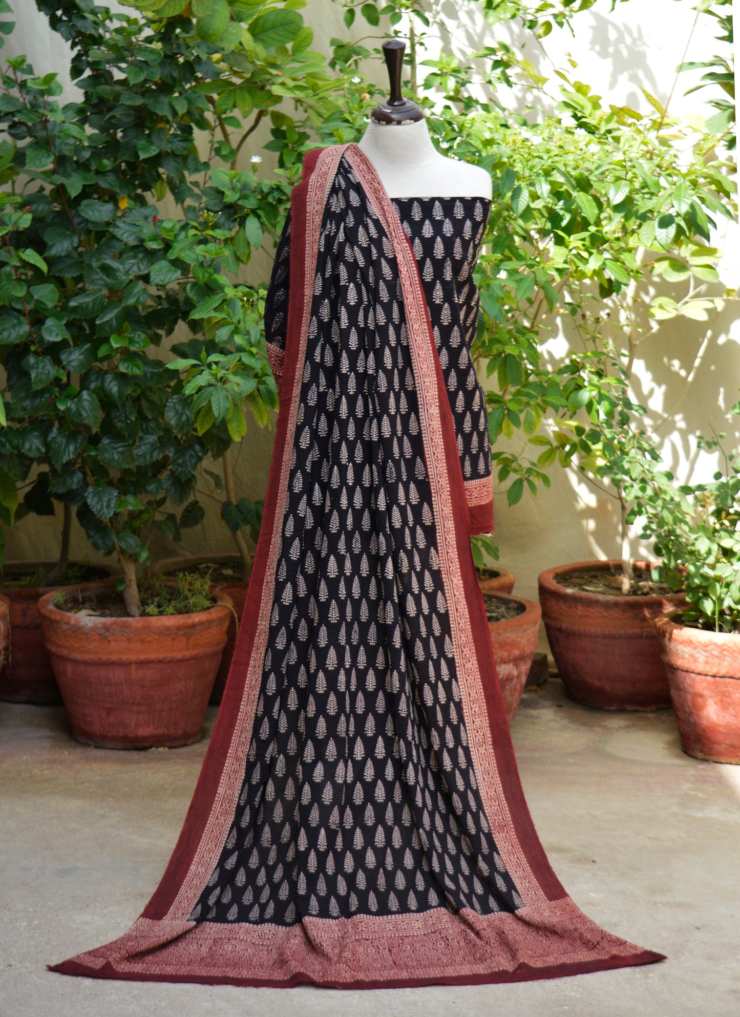 Ajrak Design Dress Mountain Butta Black Contrast Lawn – Hand Block Printed Unstitched Two-Piece (Shirt & Dupatta)