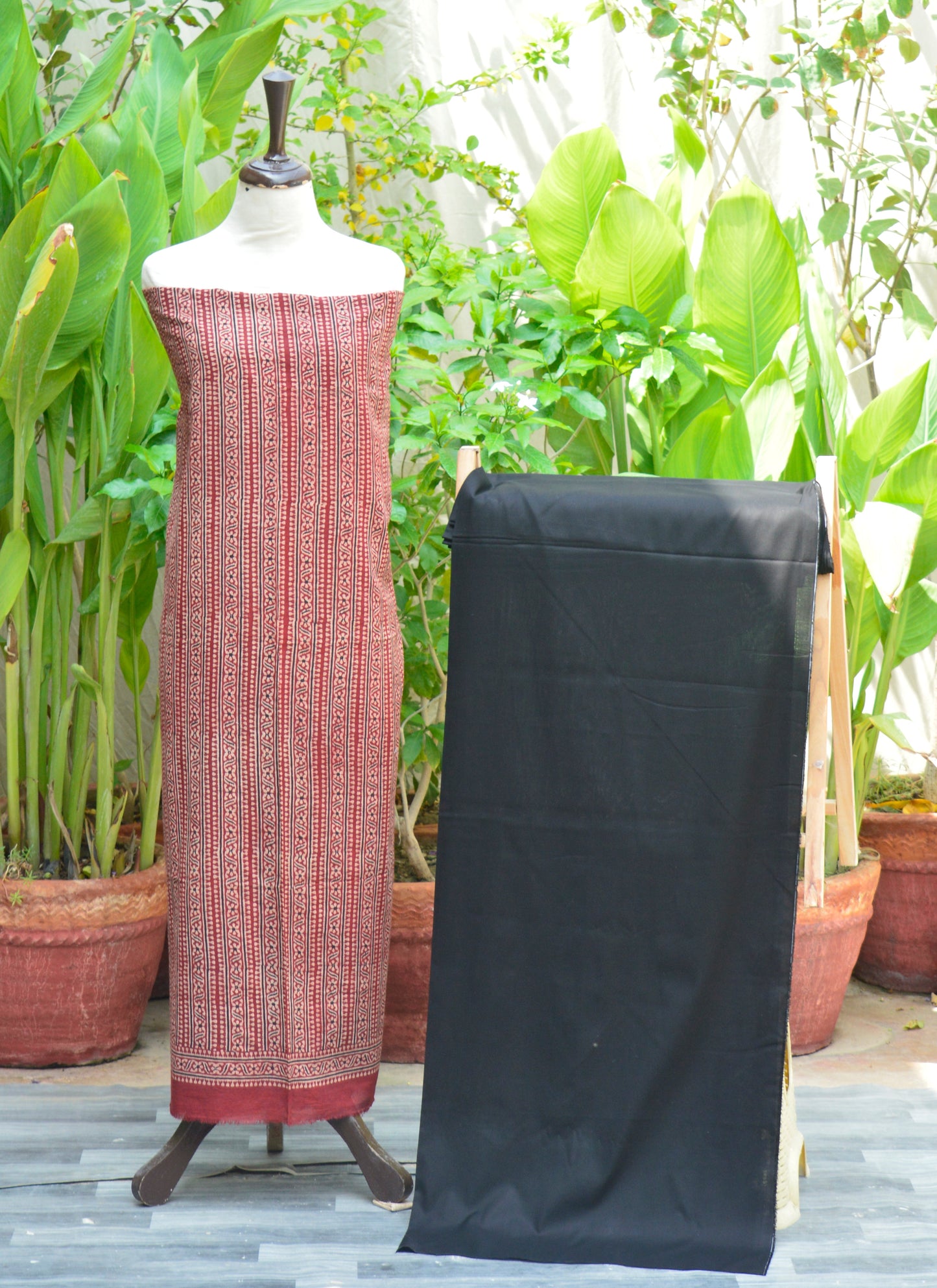 Ajrak Design Dress – Red Stripe Kurta & Black Trouser Set (Organic Dye, Unstitched)