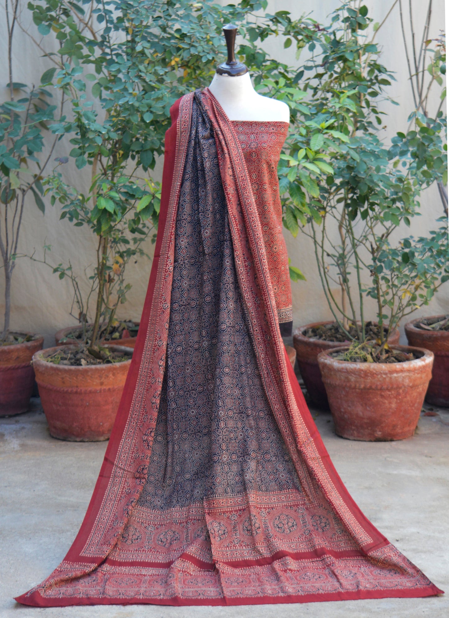 Ajrak Phulli Contrast – Luxury Organic Dye Hand Block Printed Ajrak Design Dress Two-Piece Lawn