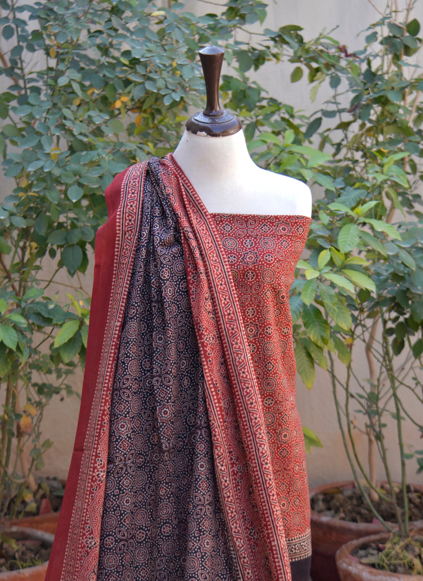 Ajrak Phulli Contrast – Luxury Organic Dye Hand Block Printed Ajrak Design Dress Two-Piece Lawn