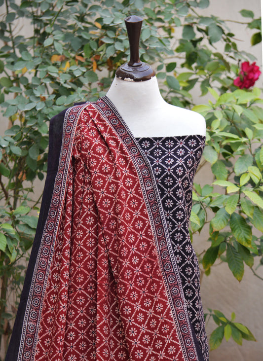 Ajrak Design Dress Floral Jaal Contrast – Organic Dye Hand Block Printed Lawn Two-Piece (Shirt & Dupatta)