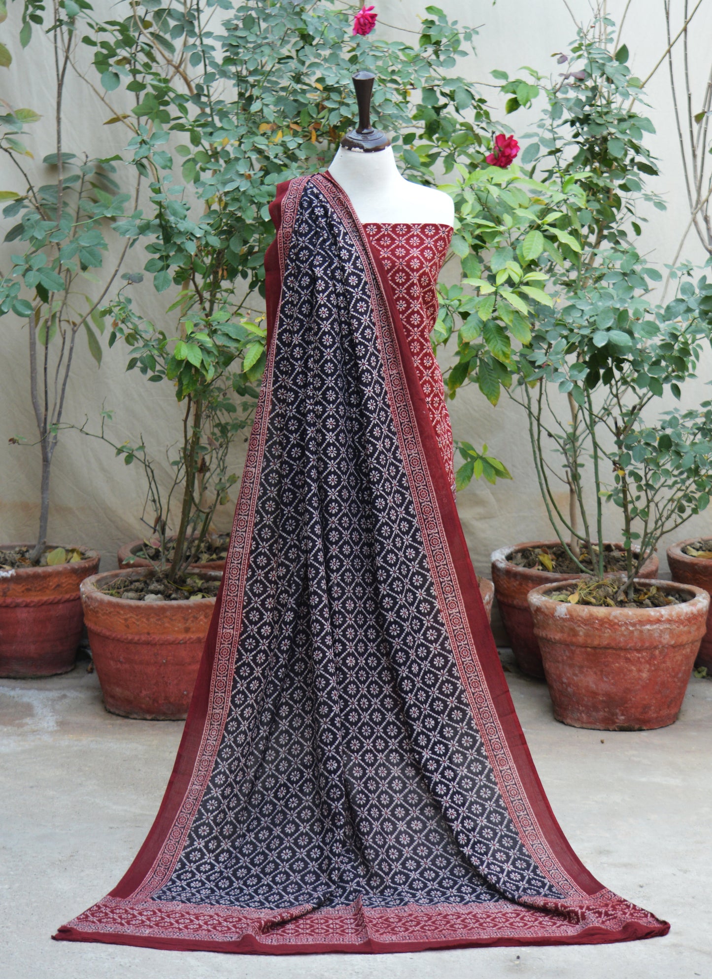 Ajrak Floral Red & Black Two-Piece – Hand Block Printed Lawn Shirt & Dupatta (Unstitched)