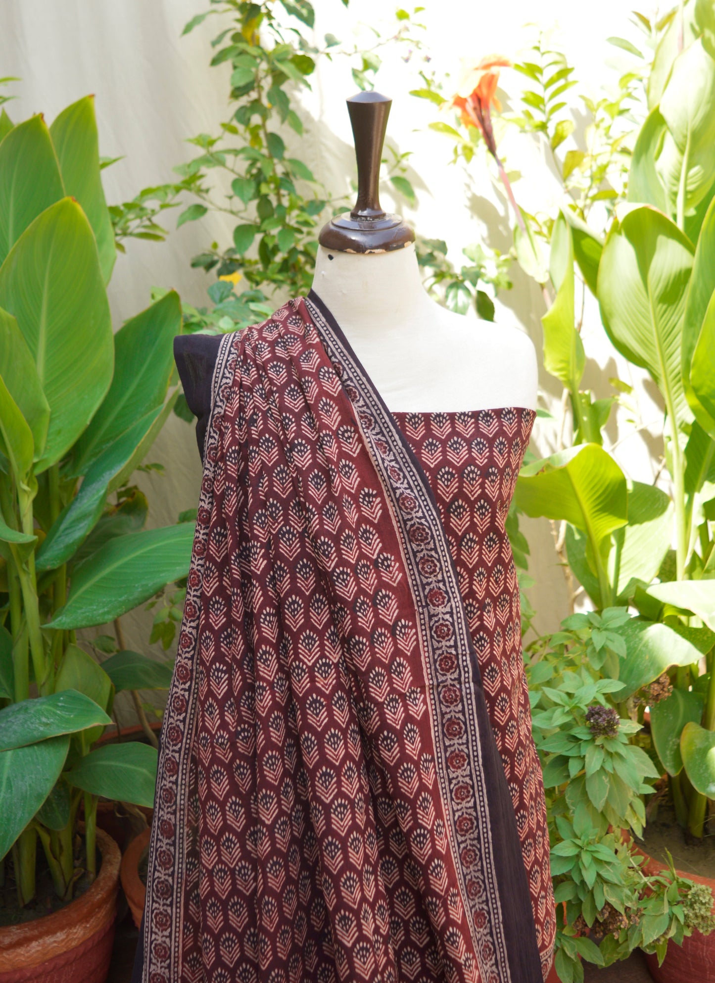 Organic Dye Hand Block Printed Ajrak Floral Maroon Two-Piece Dress – Lawn (Shirt & Dupatta)
