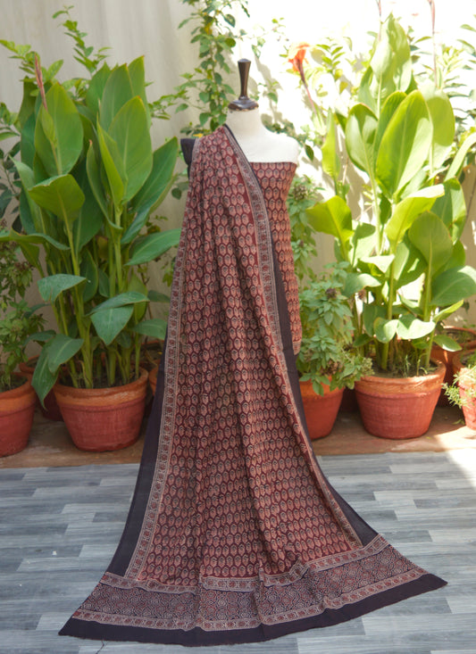 Organic Dye Hand Block Printed Ajrak Floral Maroon Two-Piece Dress – Lawn (Shirt & Dupatta)