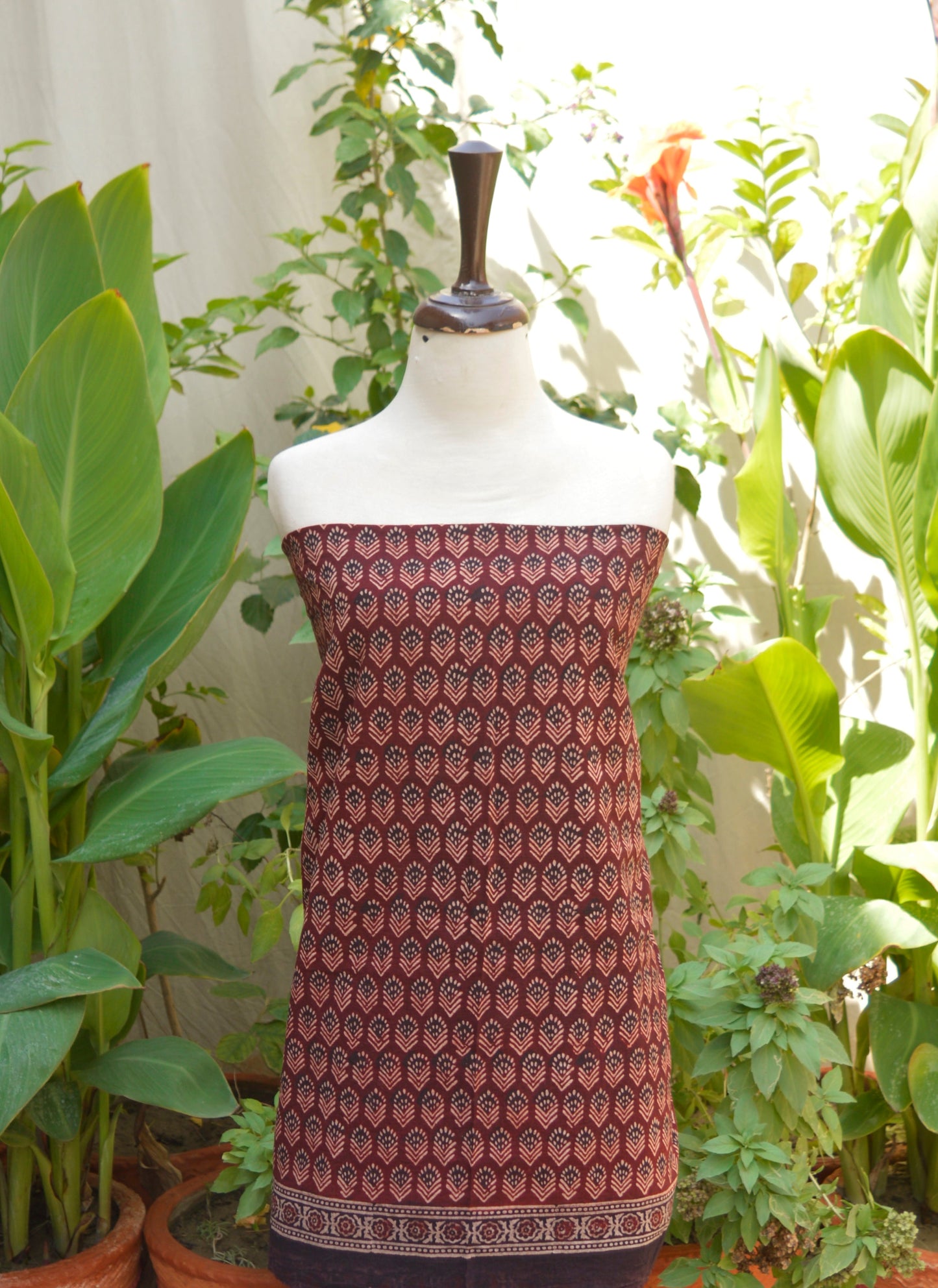 Organic Dye Hand Block Printed Ajrak Floral Maroon Two-Piece Dress – Lawn (Shirt & Dupatta)