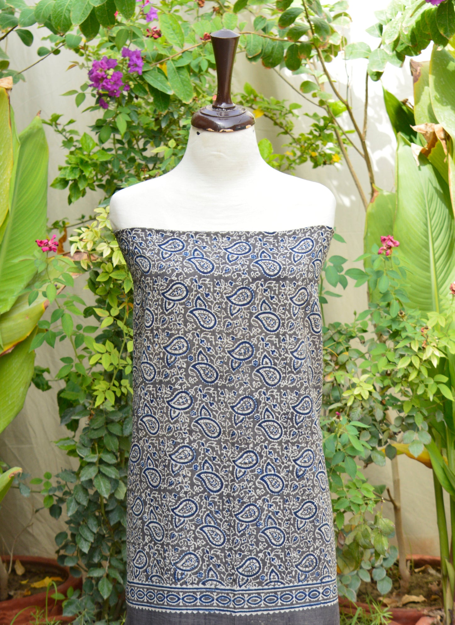 Organic Dye Ajrak Grey Floral Paisley Two-Piece – Hand Block Printed Unstitched Lawn Set | Ajrak Design Dress